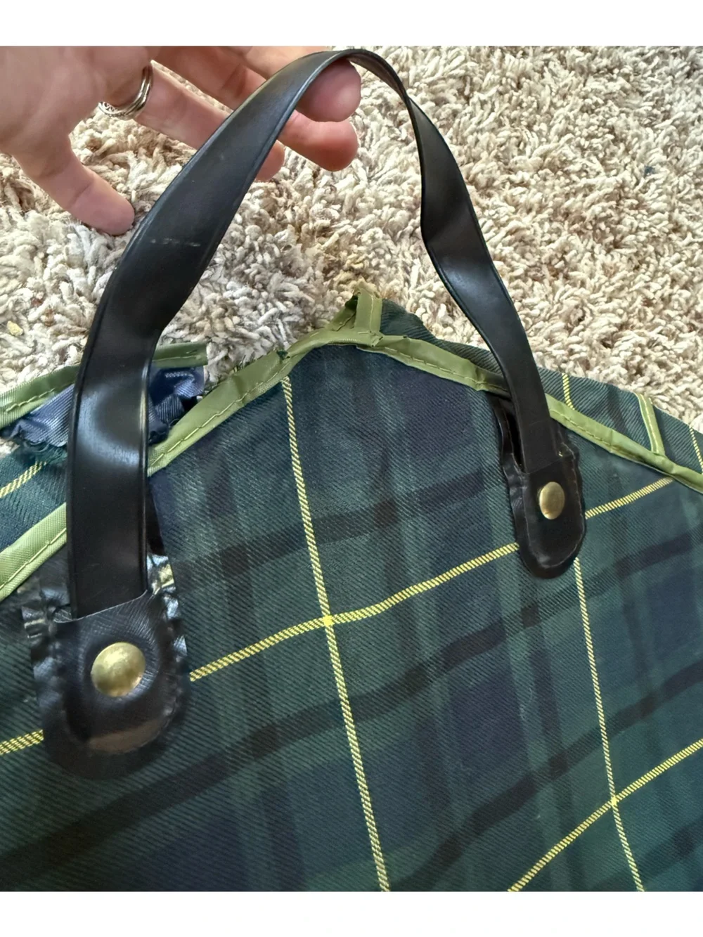 Vintage green/blue tartan plaid vinyl garment bag with zip and folded handles